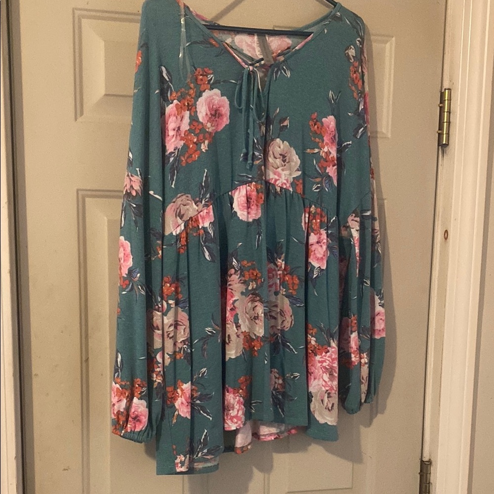 Floral Teal Blouse with Pink and White Flowers